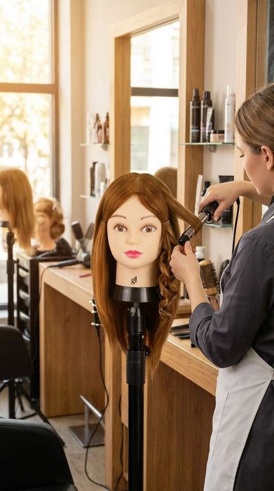 GL Hair 16” Hairdressing Training Mannequin Head – Mixed Human & High-Grade Fibre Hair for Hair Extension, Braiding, Cutting & Styling Practice (Golden Brown (16inch)
